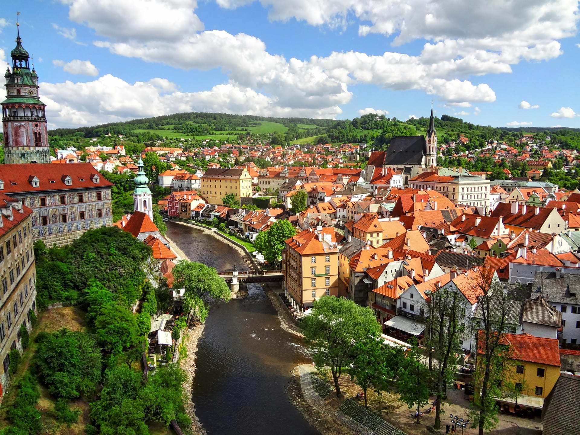 Český Krumlov's medieval town centre with the castle tower above the meandering Vltava River